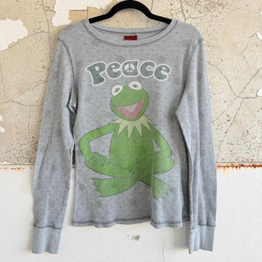 Kermit the Frog Thermal Shirt The Muppets Peace Waffle Knit Long Sleeve Womens M
